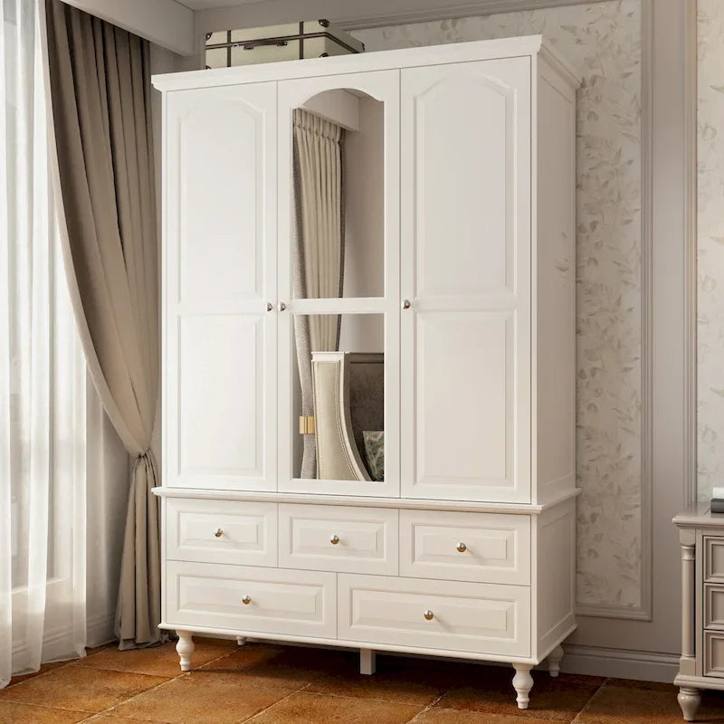 70.9H White Lacquered Armoires Wardrobes With Mirror Doors