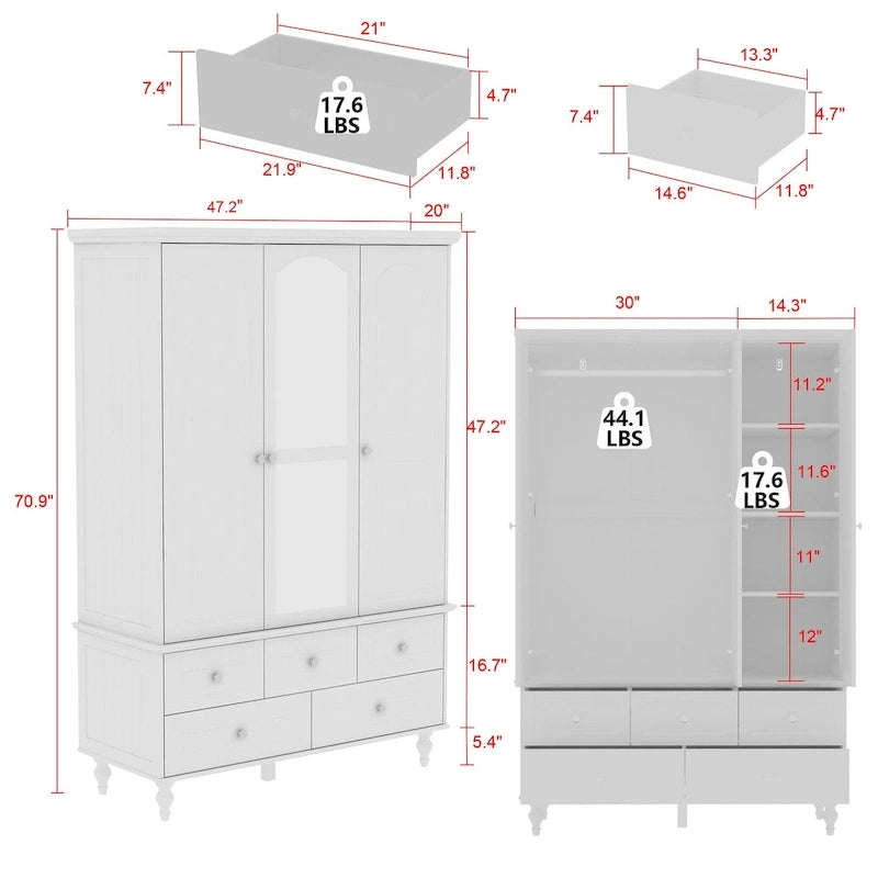 70.9H White Lacquered Armoires Wardrobes With Mirror Doors