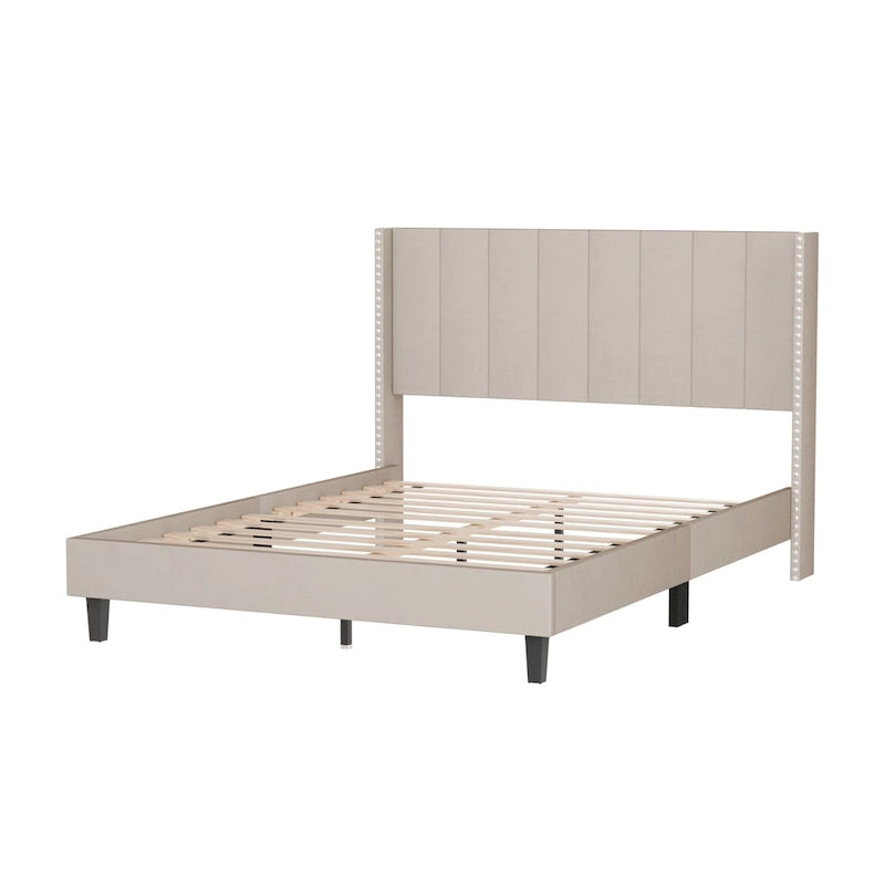 Queen Size Tufted Upholstered Bed Frame Low Profile Velvet Bed Frame Platform with Raised Wingback Headboard