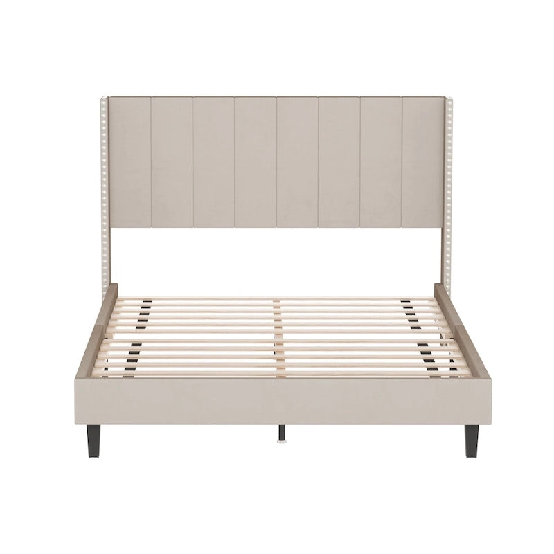 Queen Size Tufted Upholstered Bed Frame Low Profile Velvet Bed Frame Platform with Raised Wingback Headboard