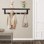 Coat Hooks Set of 4 with Shelf Wall-Mounted, Bamboo Hanging Shelf with 5 Double Metal Hooks (Dark Brown)
