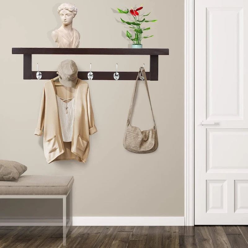 Coat Hooks Set of 4 with Shelf Wall-Mounted, Bamboo Hanging Shelf with 5 Double Metal Hooks (Dark Brown)