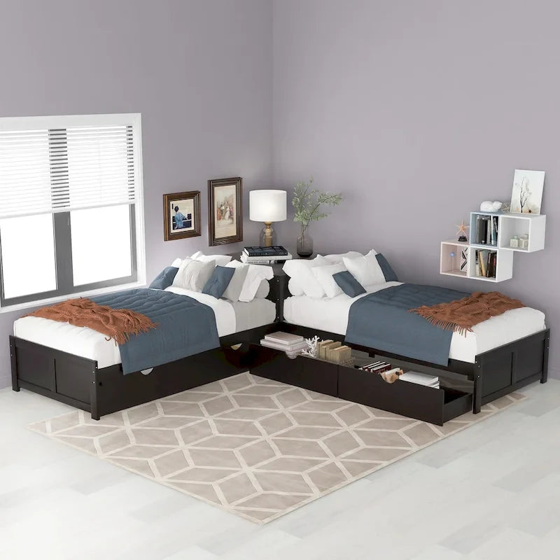 L-shaped Platform Bed with Trundle and Drawers Linked with built-in Desk,Twin,Espresso
