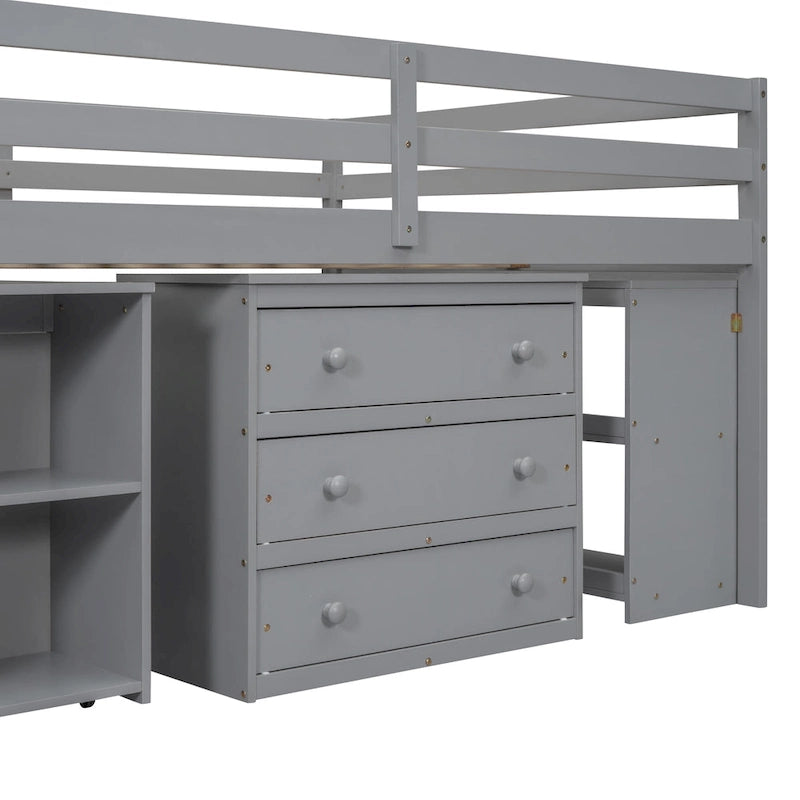 Full Size Loft Bed with Retractable Writing Desk and 3 Drawers, Wooden Loft Bed with Storage Stairs and Shelves, Espresso