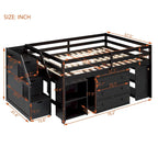 Full Size Loft Bed with Retractable Writing Desk and 3 Drawers, Wooden Loft Bed with Storage Stairs and Shelves, Espresso