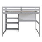Full Size Wooden Loft Bed with Shelves, Desk and Writing Board - Gray