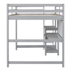 Full Size Wooden Loft Bed with Shelves, Desk and Writing Board - Gray