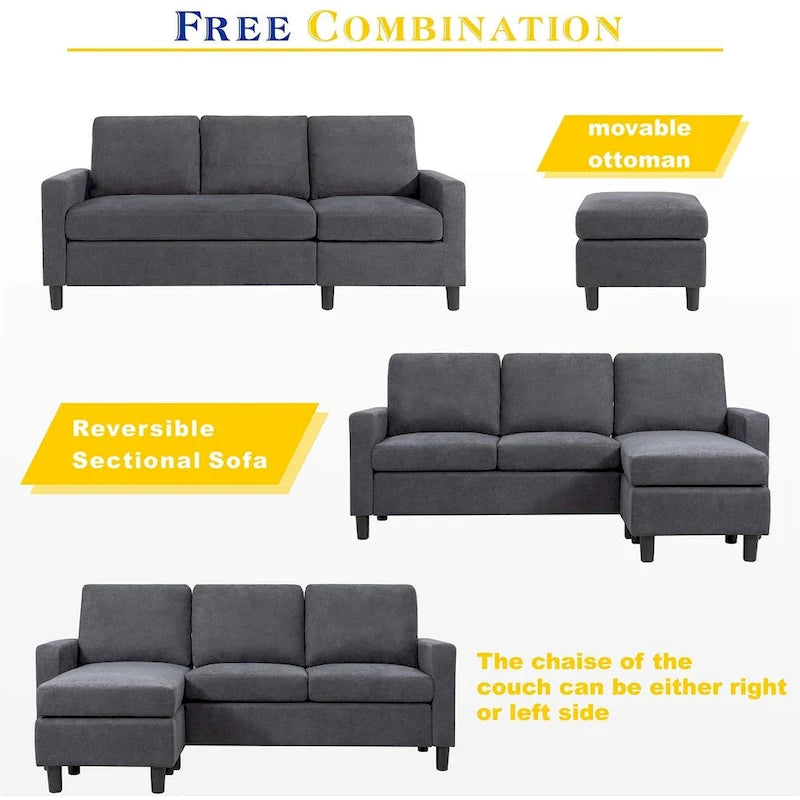 Futzca Linen Upholstered L-shaped Sectional Sofa w/ Reversible Chaise