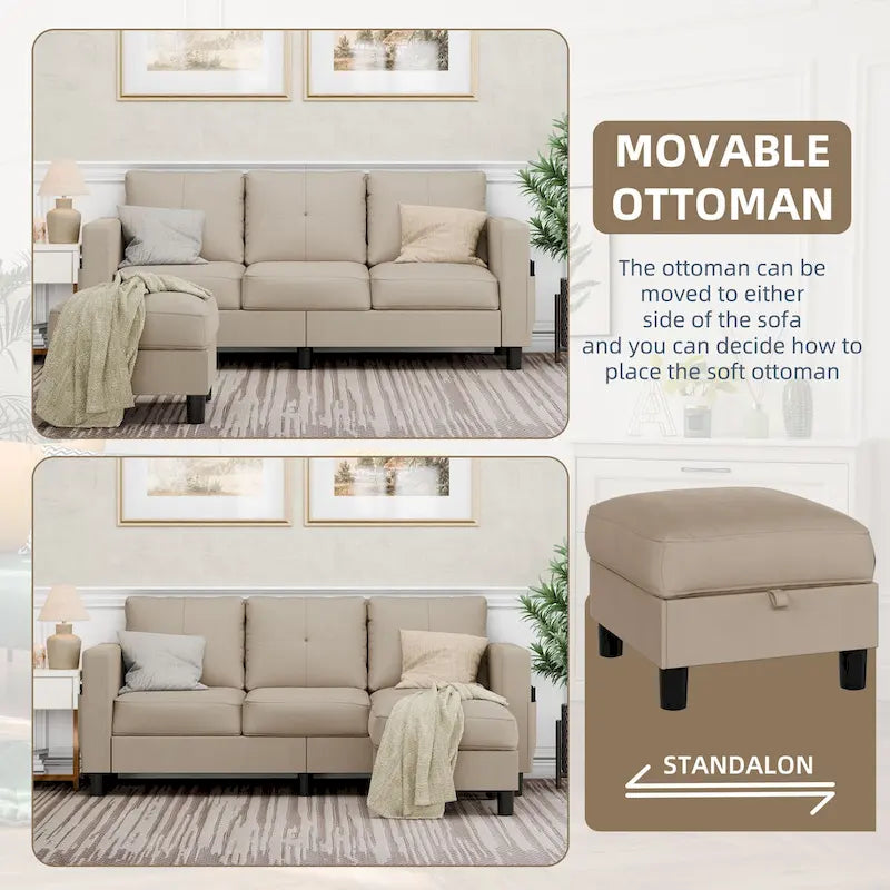 Futzca Linen Upholstered L-shaped Sectional Sofa w/ Reversible Chaise