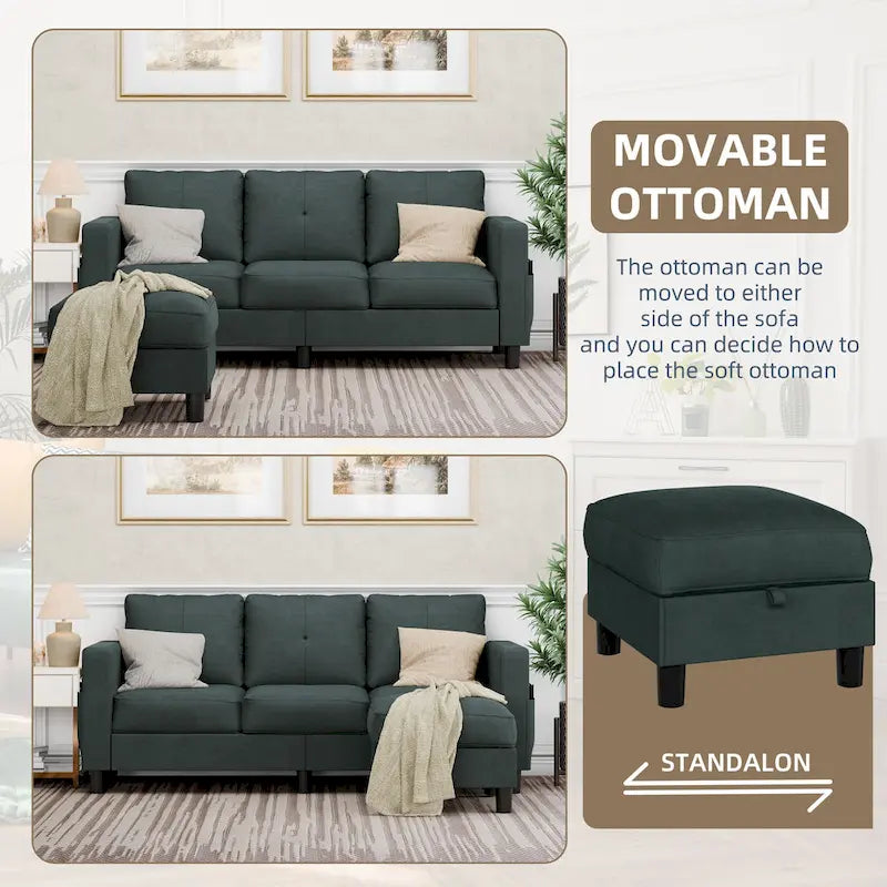 Futzca Linen Upholstered L-shaped Sectional Sofa w/ Reversible Chaise