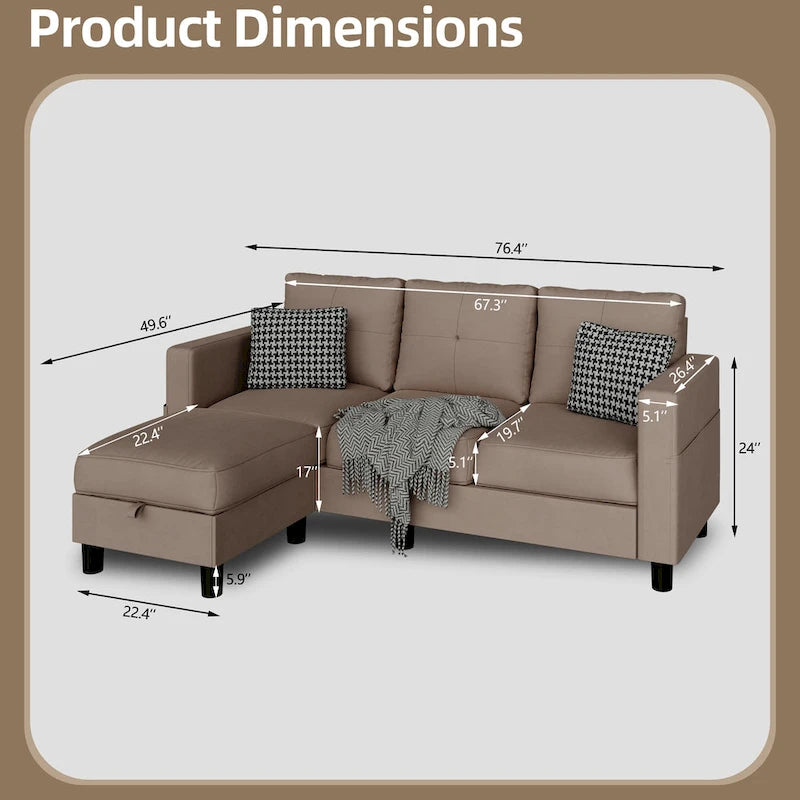 Futzca Linen Upholstered L-shaped Sectional Sofa w/ Reversible Chaise