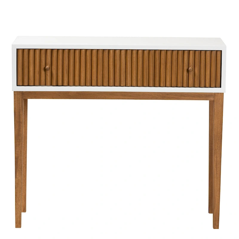Odile Mid-Century Modern Two-Tone Natural Brown and White Bayur Wood 1-Drawer Console Table