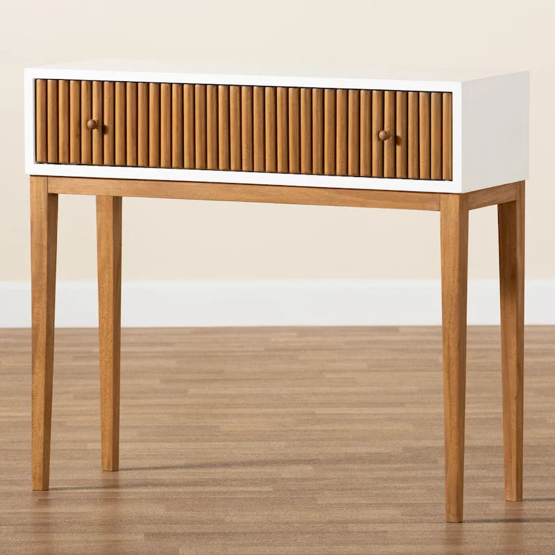 Odile Mid-Century Modern Two-Tone Natural Brown and White Bayur Wood 1-Drawer Console Table