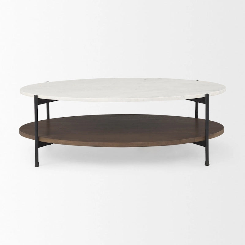 Larkin White Marble Top w/ Dark Brown Wood Shelf Oval Coffee Table