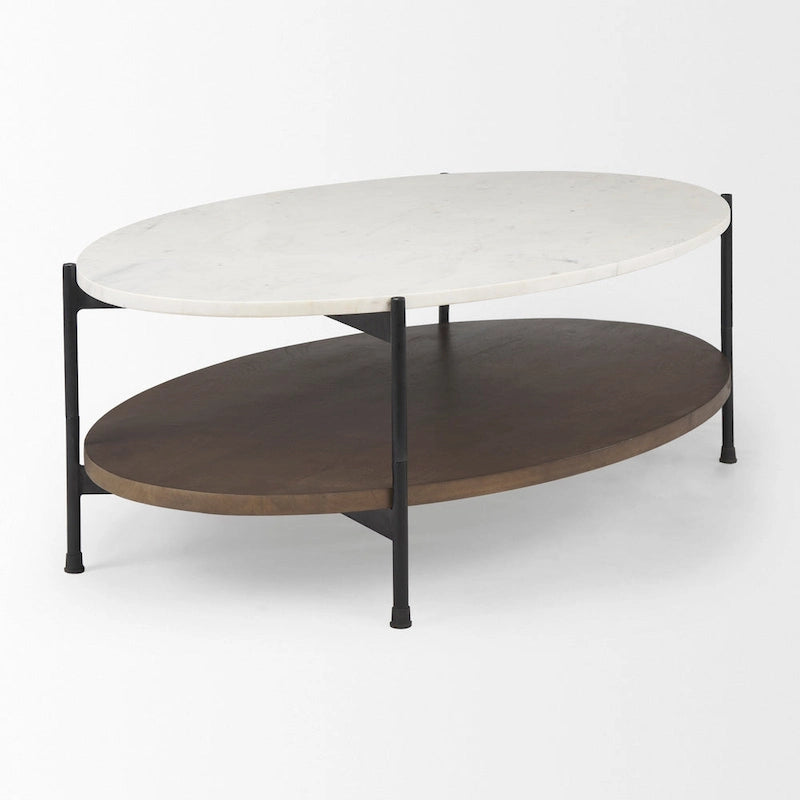 Larkin White Marble Top w/ Dark Brown Wood Shelf Oval Coffee Table