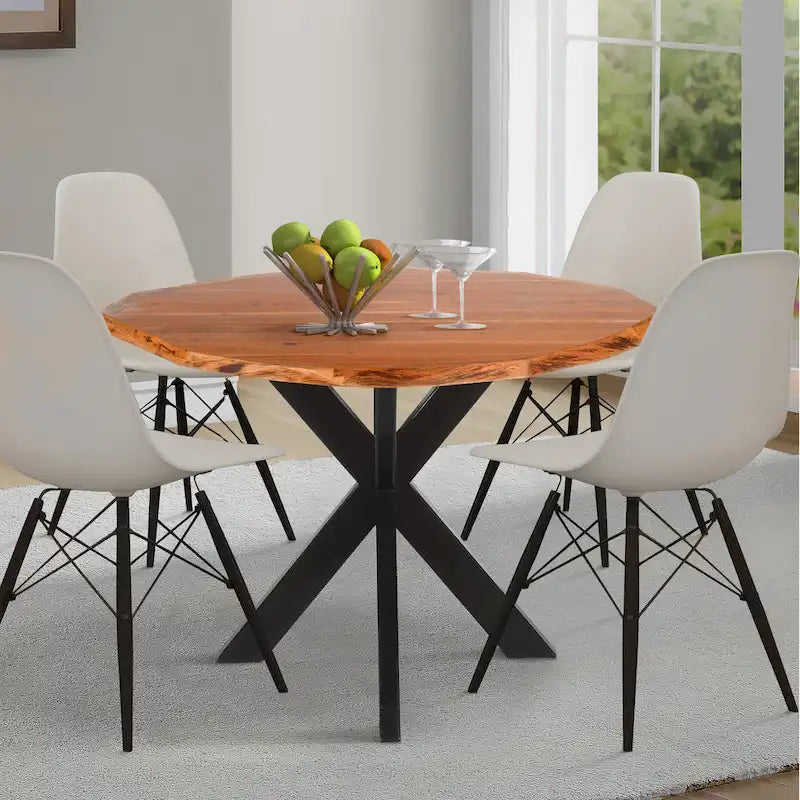 Kuri 41 Inch Handcrafted Live Edge Round Dining Table with a Natural Brown Acacia Wood Top and Black Iron Legs