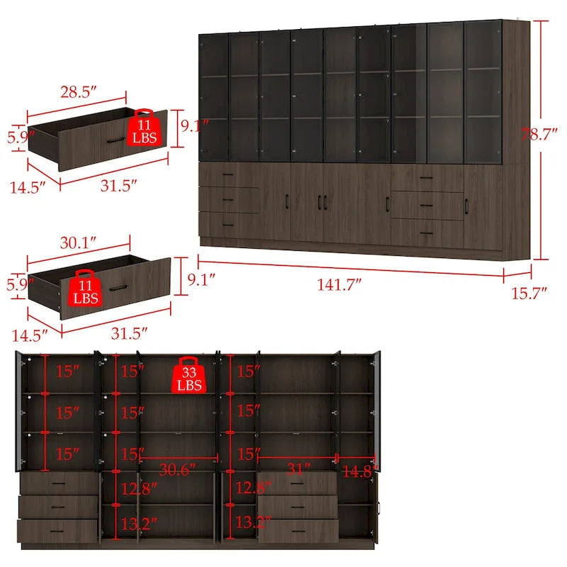 Aluminum and Glass Lighted Cabinet Customizable for Buffet/Bookshelf