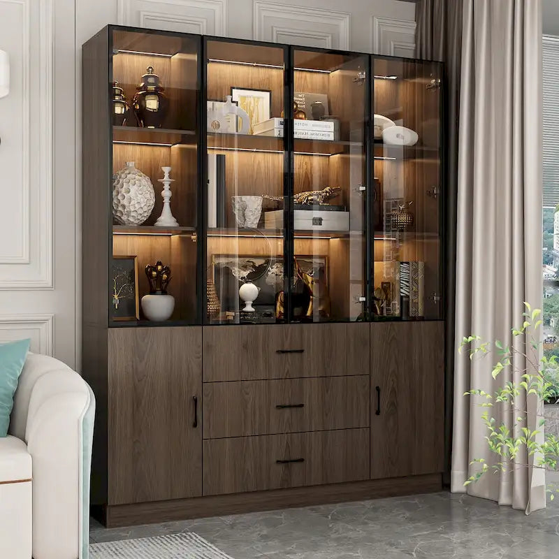 Aluminum and Glass Lighted Cabinet Customizable for Buffet/Bookshelf