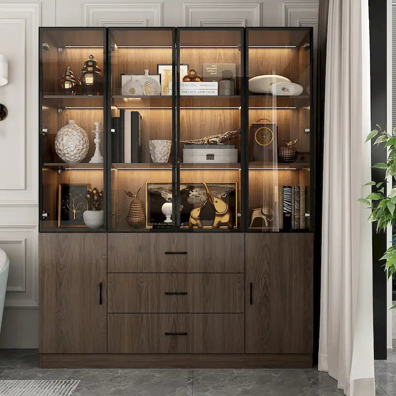 Aluminum and Glass Lighted Cabinet Customizable for Buffet/Bookshelf