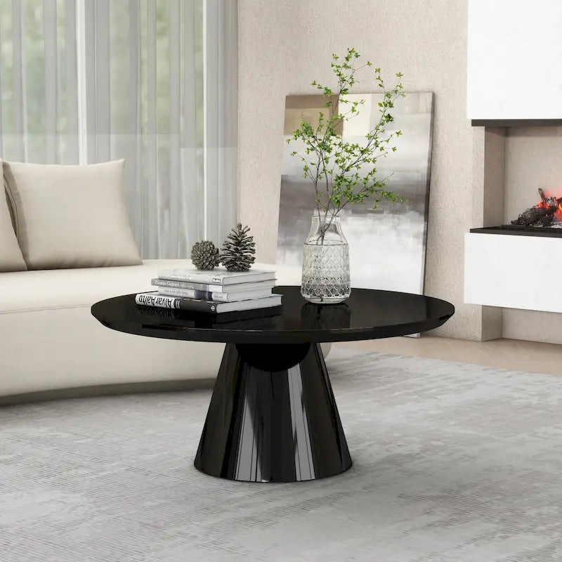 SHYFOY Modern Cone Coffee Table for Living Room, High Gloss Finish, 35.4in Diameter, Black or White