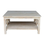 Square Unfinished Solid Wood Coffee Table with Bottom Shelf - 36 in. W x 36 in. D x 18 in. H.