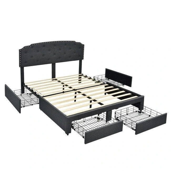 Linen Adjustable Headboard 4 Drawer Storage Platform Bed