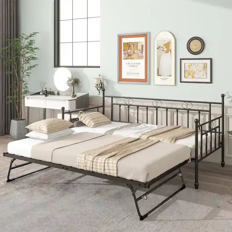 Twin Daybed with Trundle-Metal daybed with pop up trundle for Adults