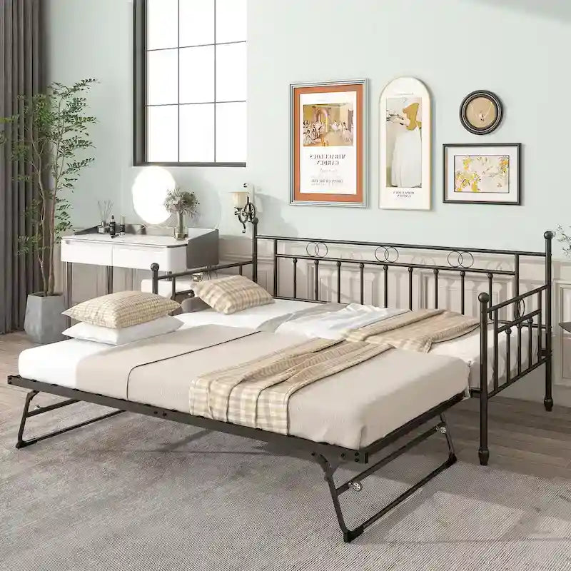 Twin Daybed with Trundle-Metal daybed with pop up trundle for Adults