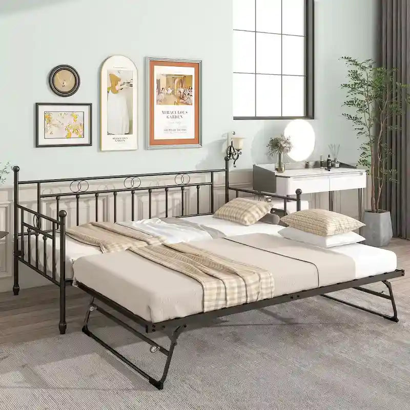 Twin Daybed with Trundle-Metal daybed with pop up trundle for Adults