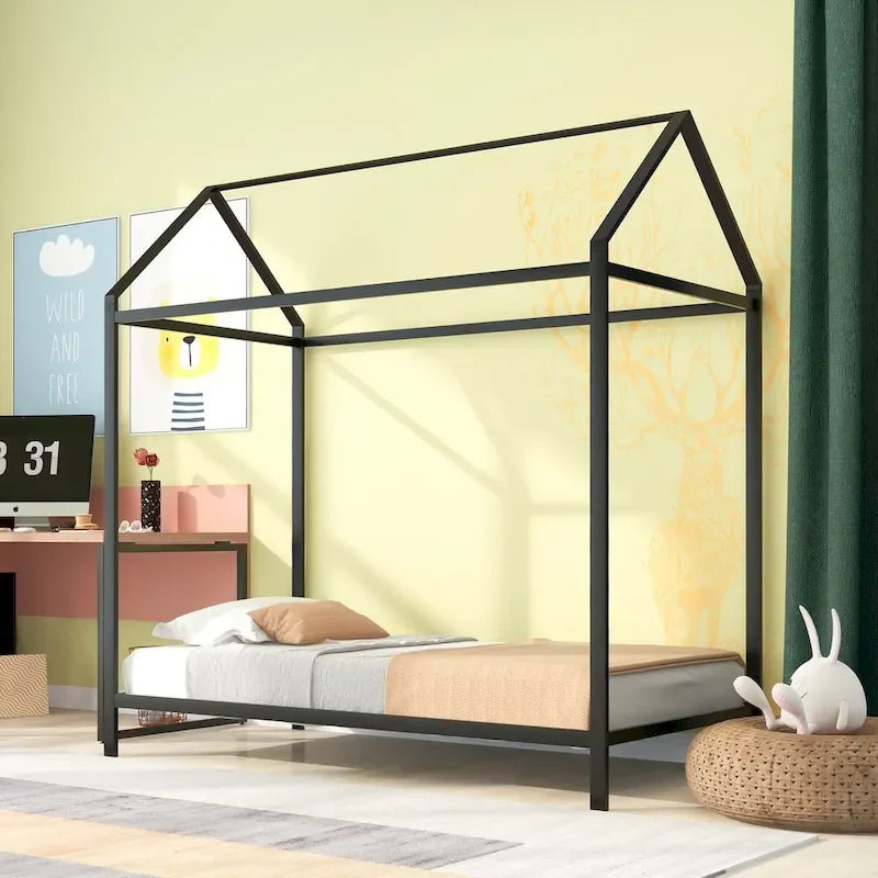House Bed Frame Twin Size , Kids Bed Frame Metal Platform Bed Floor Bed for Kids Boys Girls No Box Spring Needed