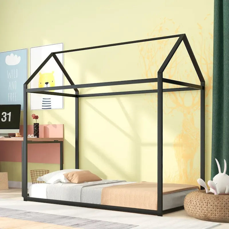 House Bed Frame Twin Size , Kids Bed Frame Metal Platform Bed Floor Bed for Kids Boys Girls No Box Spring Needed
