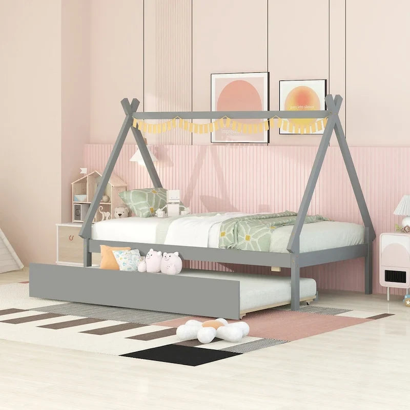 Twin size Tent Floor Teepee Bed with Trundle for bedroom