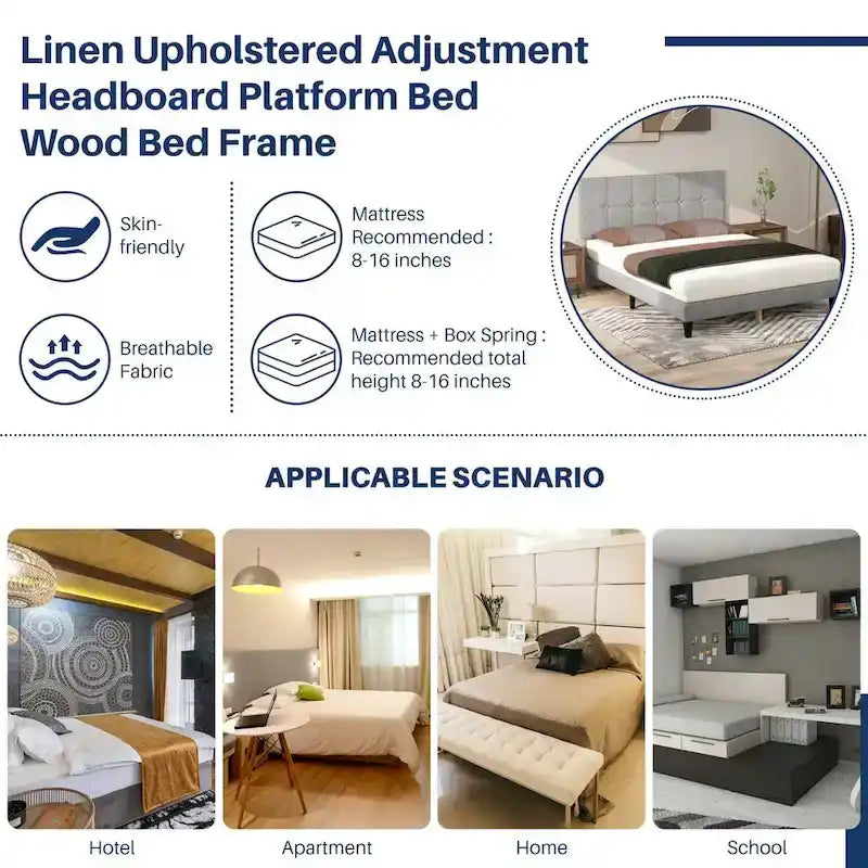 Linen Upholstered Platform Bed Wood Bed Frame with Headboard, No Box Spring Needed, Noise Free, T/F/Q Size