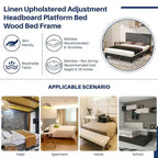 Linen Upholstered Platform Bed Wood Bed Frame with Headboard, No Box Spring Needed, Noise Free, T/F/Q Size