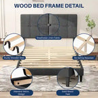 Linen Upholstered Platform Bed Wood Bed Frame with Headboard, No Box Spring Needed, Noise Free, T/F/Q Size