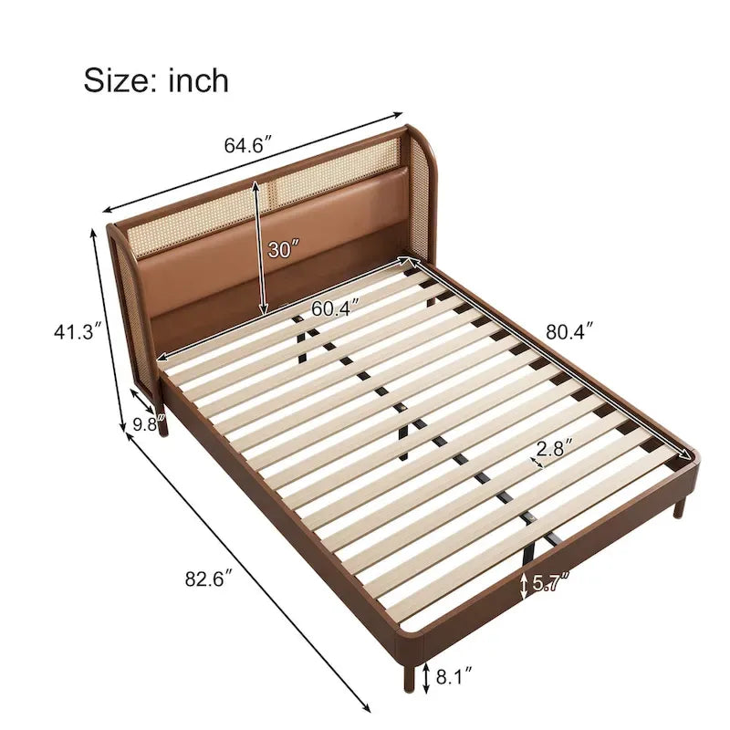 Modern Cannage Rattan Wood Platform Queen Bed