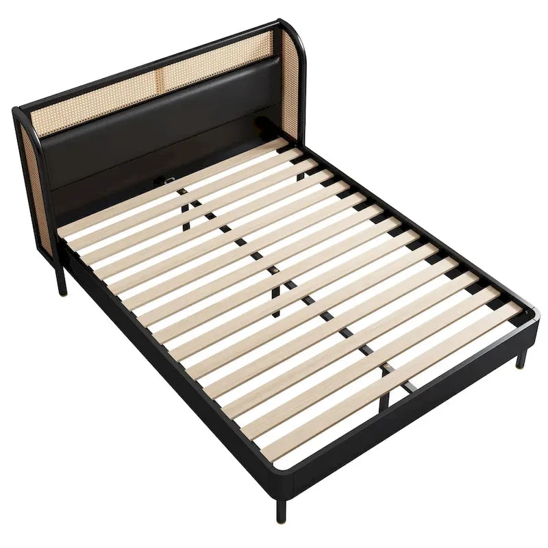 Modern Cannage Rattan Wood Platform Queen Bed