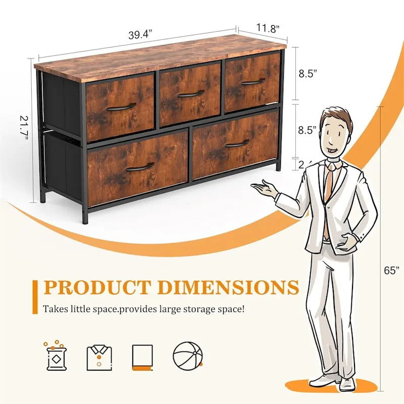 Storage Dresser with 5 Drawers and Anti-Tipping Accessories