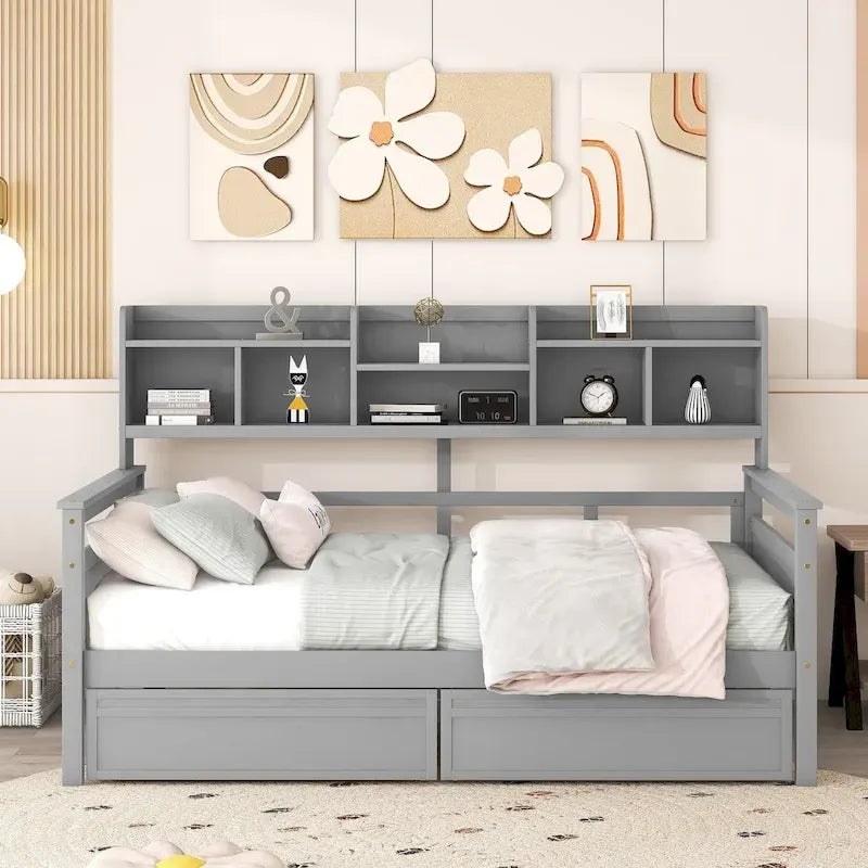 Full size Daybed, Wood Slat Support, with Bedside Shelf and Two Drawers
