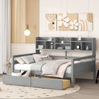 Full size Daybed, Wood Slat Support, with Bedside Shelf and Two Drawers