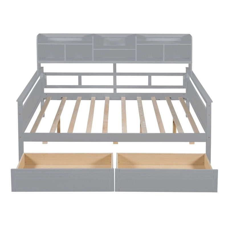 Full size Daybed, Wood Slat Support, with Bedside Shelf and Two Drawers