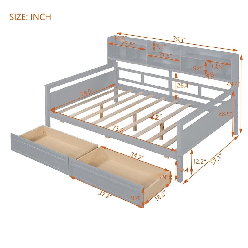 Full size Daybed, Wood Slat Support, with Bedside Shelf and Two Drawers