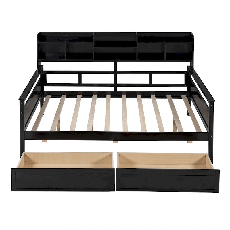 Full size Daybed, Wood Slat Support, with Bedside Shelf and Two Drawers