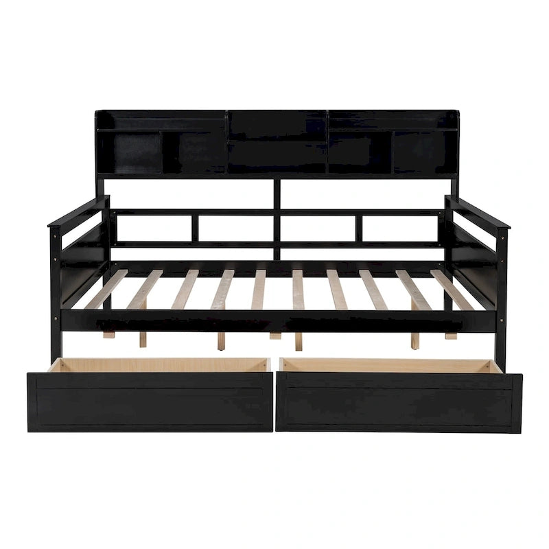 Full size Daybed, Wood Slat Support, with Bedside Shelf and Two Drawers