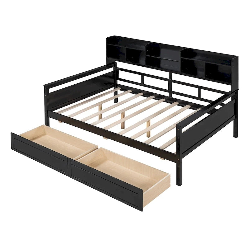 Full size Daybed, Wood Slat Support, with Bedside Shelf and Two Drawers