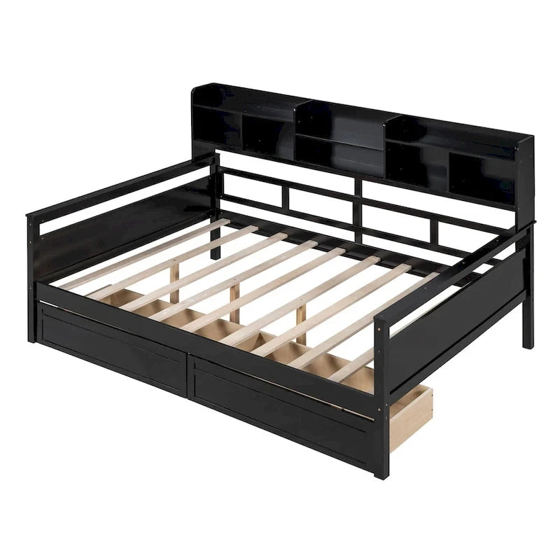 Full size Daybed, Wood Slat Support, with Bedside Shelf and Two Drawers