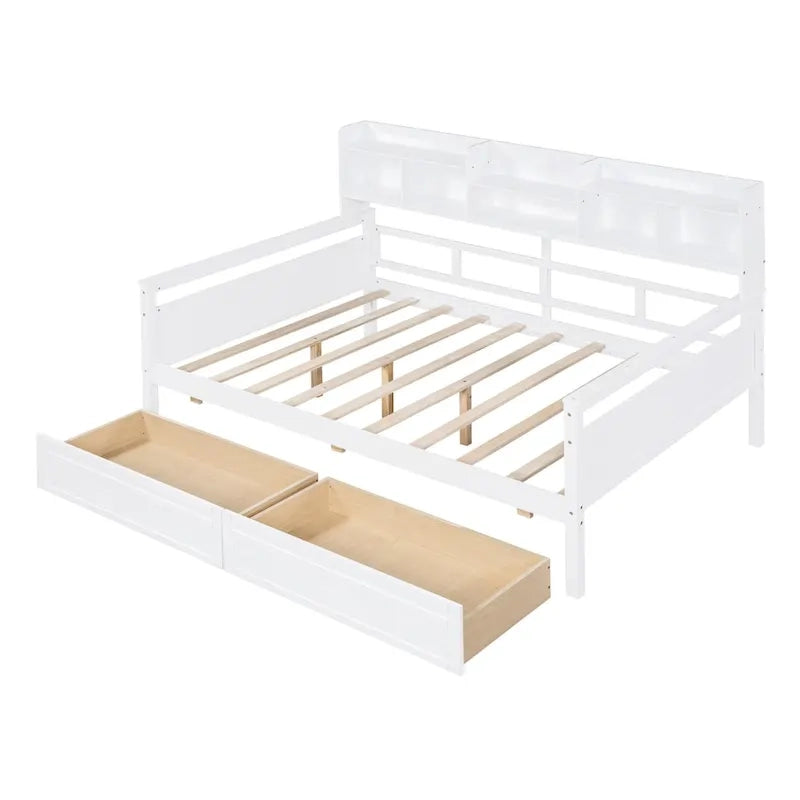 Full size Daybed, Wood Slat Support, with Bedside Shelf and Two Drawers
