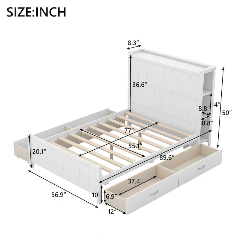 Full Size Platform Bed with Drawers and Storage Shelves
