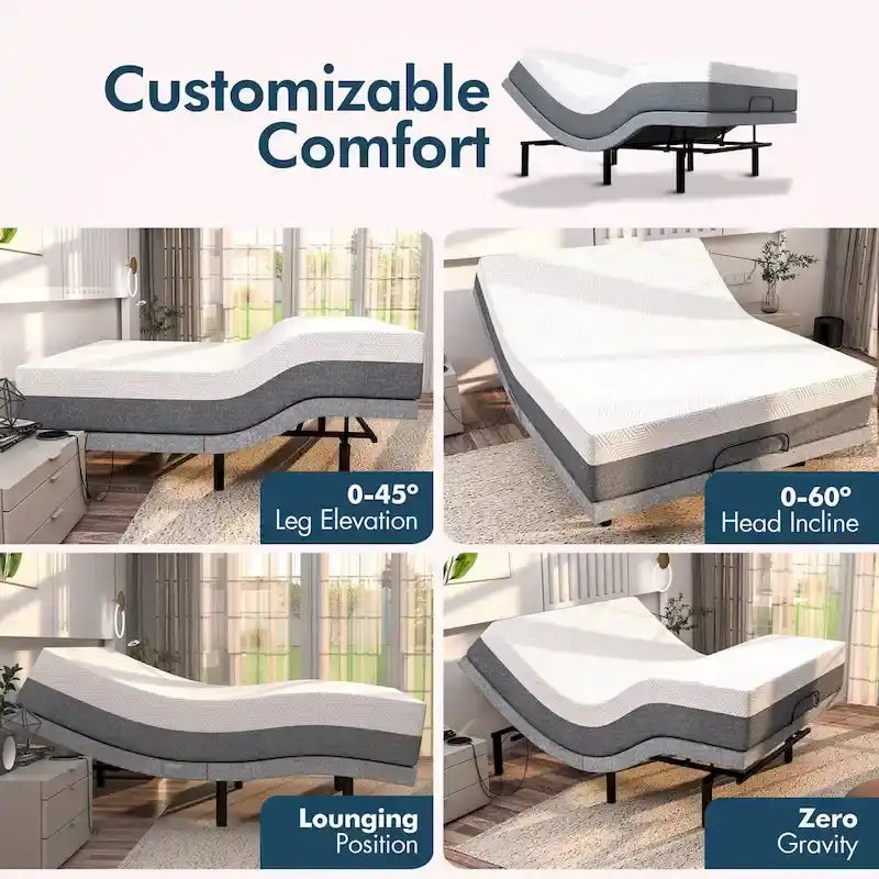 Renanim SF Adjustable Base w/ 12 Hybrid Mattress, Massage, USB, Underbed Light, App, Head & Foot Incline