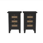 Wooden Nightstands Set of 2 with Rattan-Woven Surfaces and Three Drawers